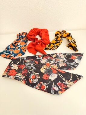 Floral and Solid Women’s Hair Scarf & Scrunchie Set - Red, Navy, Mustard